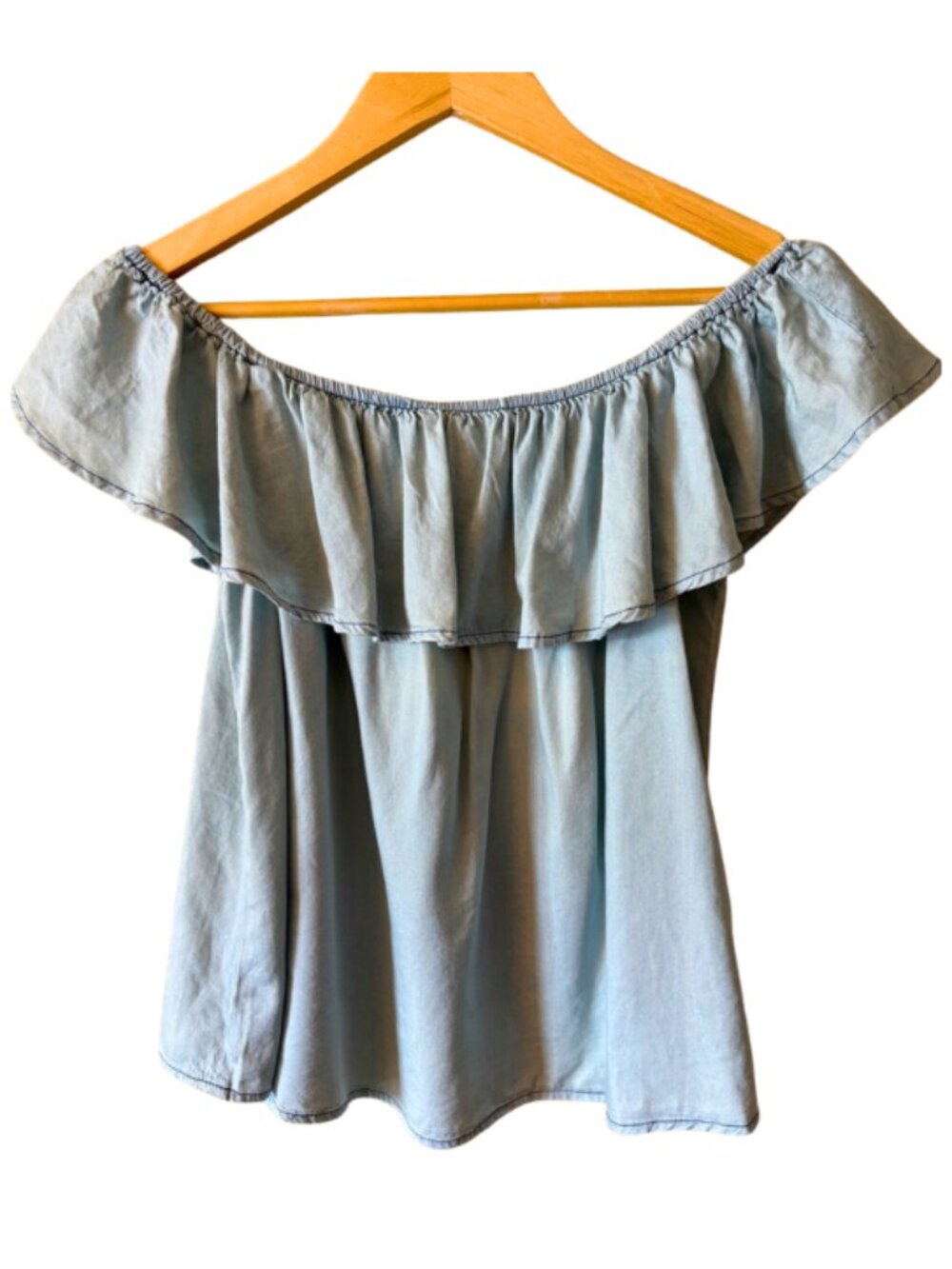 Womens Light Blue Off Shoulder Ruffle Blouse Small Flowy Summer Top